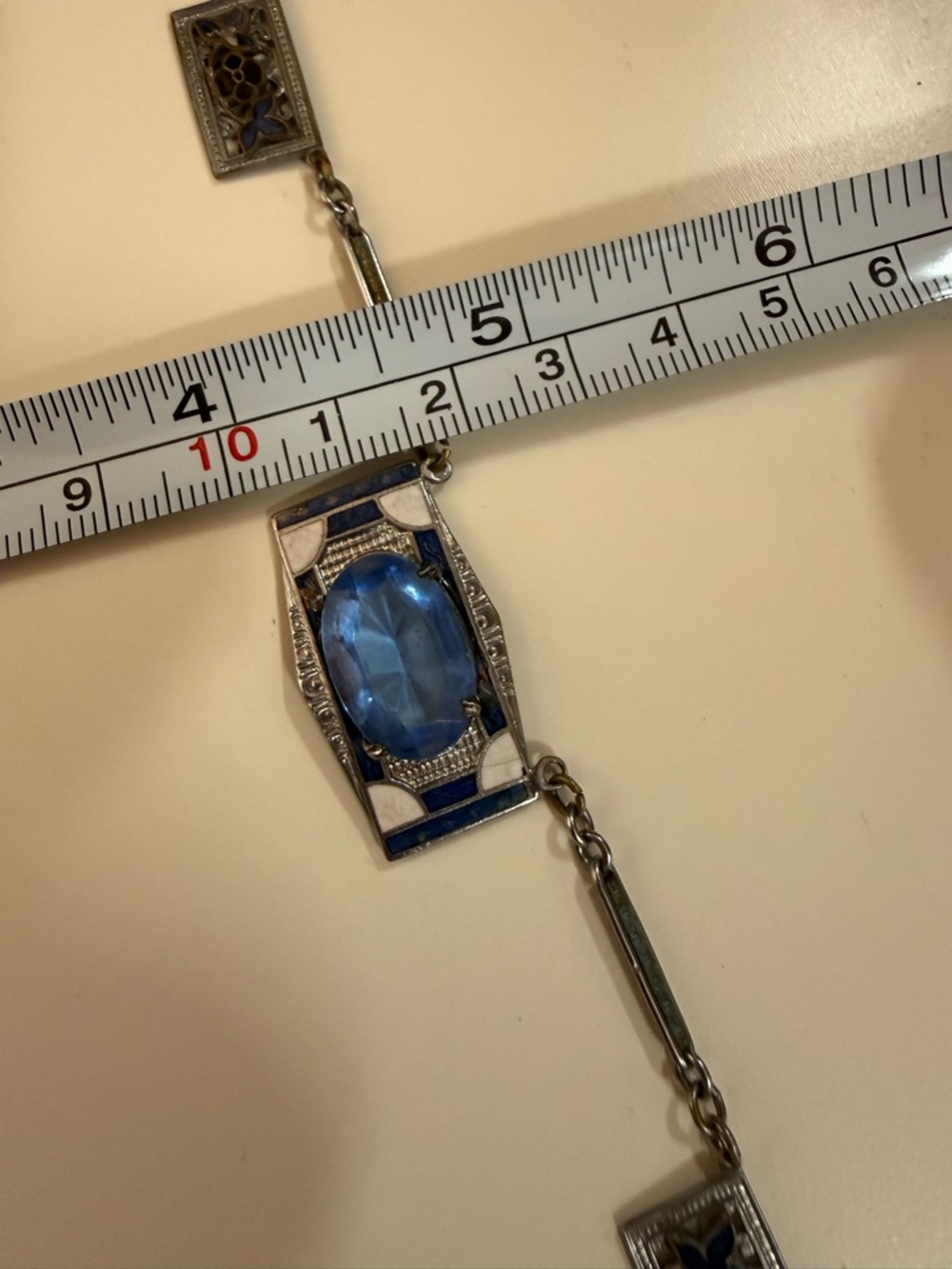 Antique Art Deco 1920 Blue Checho Glass Guilloche enamel choker Necklace - Picture 9 of 17
